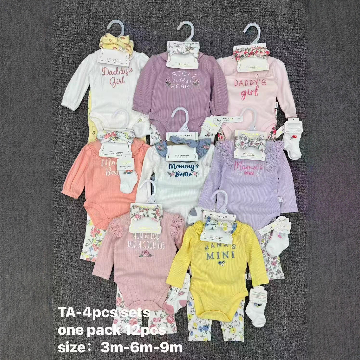 跨境外贸批发女宝宝长袖哈衣+裤子+发带+ 祙子新生儿4件套