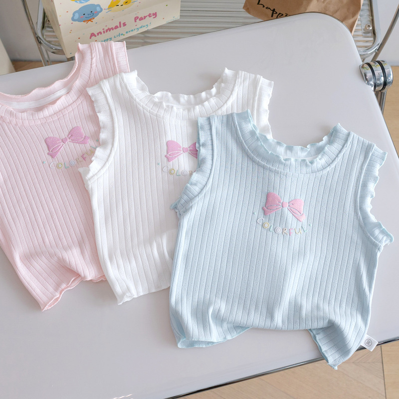 Girls Cartoon Lace Vest 2025 Summer New Style Bow Sleeveless T-Shirt Candy Color Outer Top 3