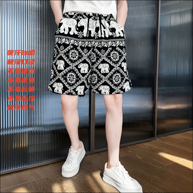 Летние мужские шорты из ледяного шелка с цветочным принтом, модные тонкие быстросохнущие пляжные шорты, текстура тутового шелка, домашние шорты большого размера