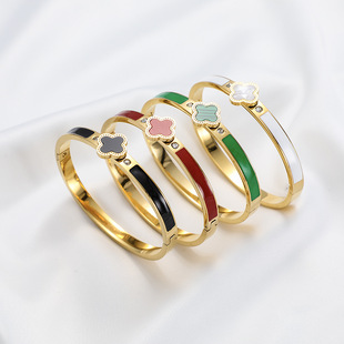 Titanium steel four-leaf clover bracelet black, white, red and green four-color ring jade two-piece set cross-border hot jewelry light luxury simple
