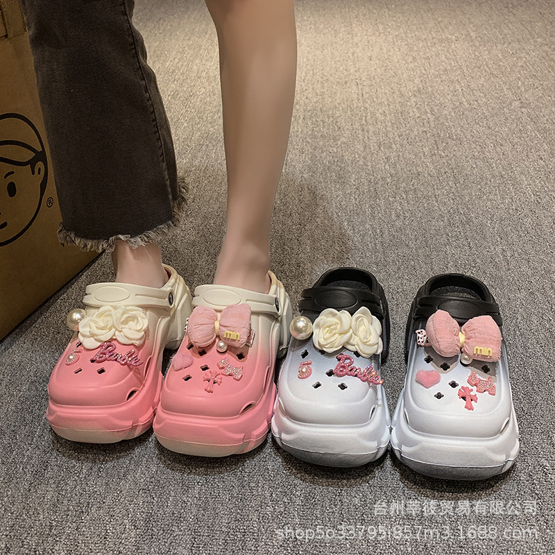 Fashion Gradient Bow Flower Hole Shoes Women's 2024 Summer New Thick Sole Increased Non-slip Baotou Sandals