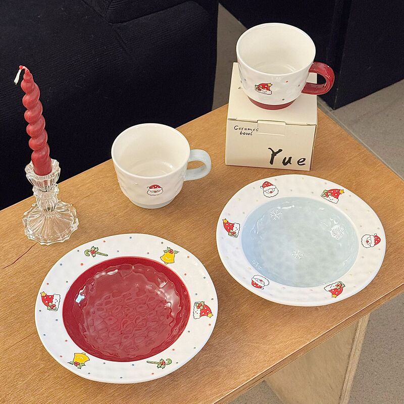 Cartoon Creative Christmas Hand-Painted Ceramic Cup, High-Looking Cute Plate, Christmas Cake Plate, Water Cup, Breakfast Cup