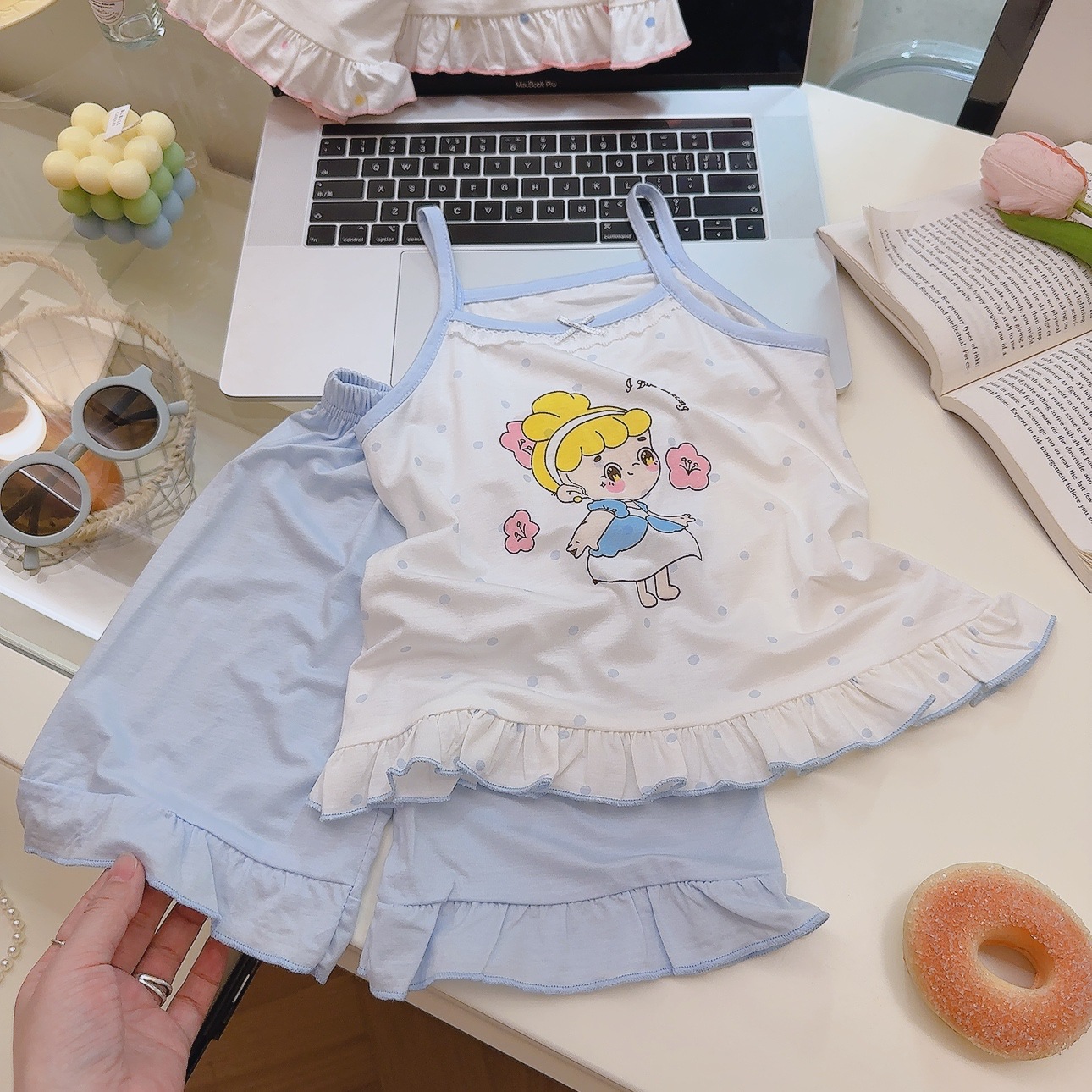 [Personalizado] Traje de pijama de cabestrillo de verano para niños Lycell Tensil Encaje para niñas Lindo pequeño camisón de princesa