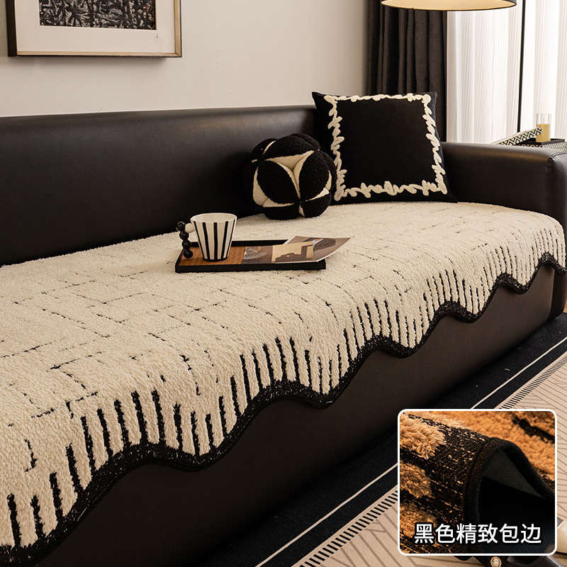 Alta sensación de cojín de sofá otoño y invierno 2024 nuevo tipo de peluche de una pieza de fila recta cojín antideslizante sofá cubierta