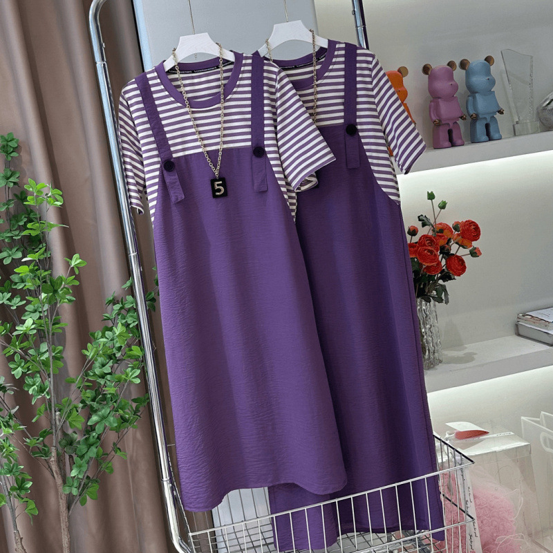 Fake Two-Piece Striped Dress Summer Slim Casual Korean Fashion Splicing Large Size Mid-Length Skirt Loose Overalls
