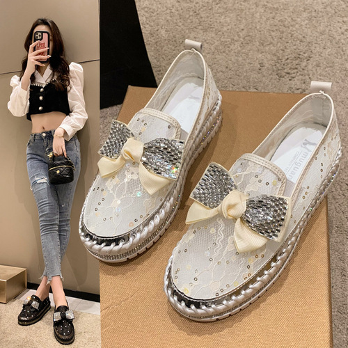 Women's single shoes  spring new one-legged thick-soled lazy casual Korean style rhinestone bow shoes trendy generation
