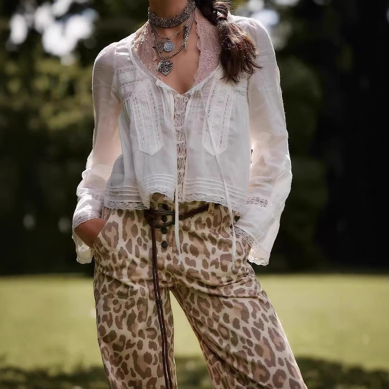 2025 European and American Export Amazon French Niche Tops Autum Lace Shirt U-Shaped Lace Collar Shirt Long Sleeves