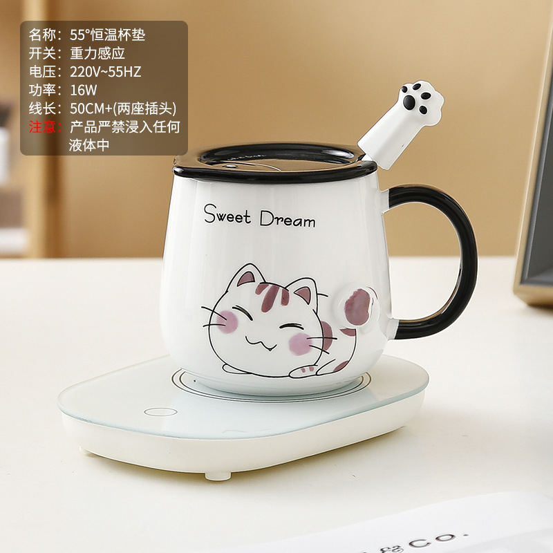 Taza de gato Mark con tapa Cuchara Taza de agua de cerámica Taza de pareja de dibujos animados de cerámica para hombres y mujeres Taza de desayuno de café de oficina