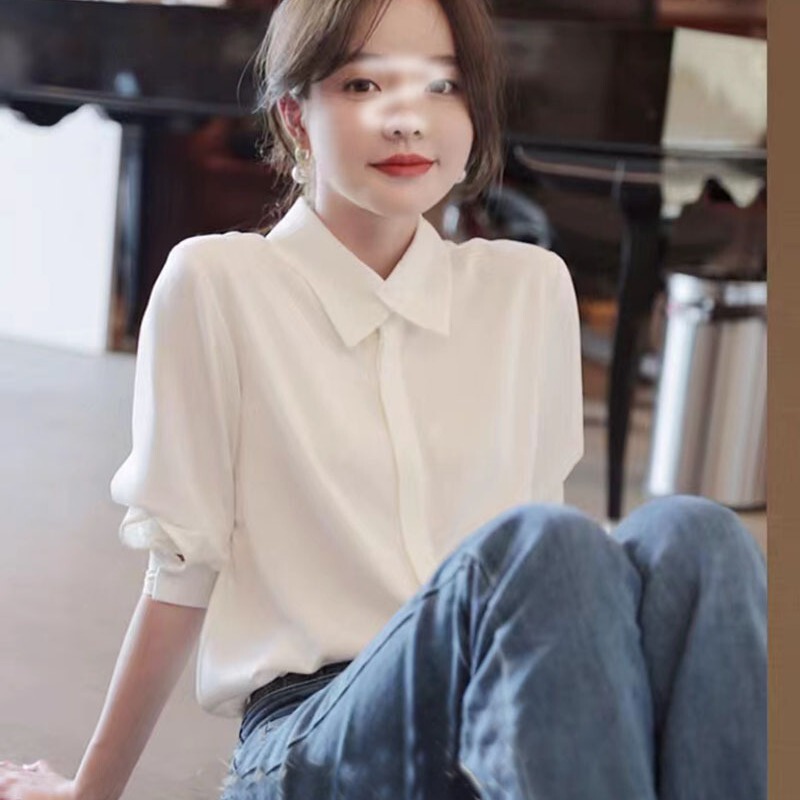 Spring/Summer Fine Laminated Dovetail Collar Waltz Matte Satin Shirt 9086 Collar Buckle Long Sleeve Shirt