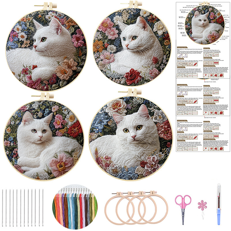跨境新款猫咪手工刺绣diy材料包初学手工简单DIY英文图解鲁绣手绣|undefined
