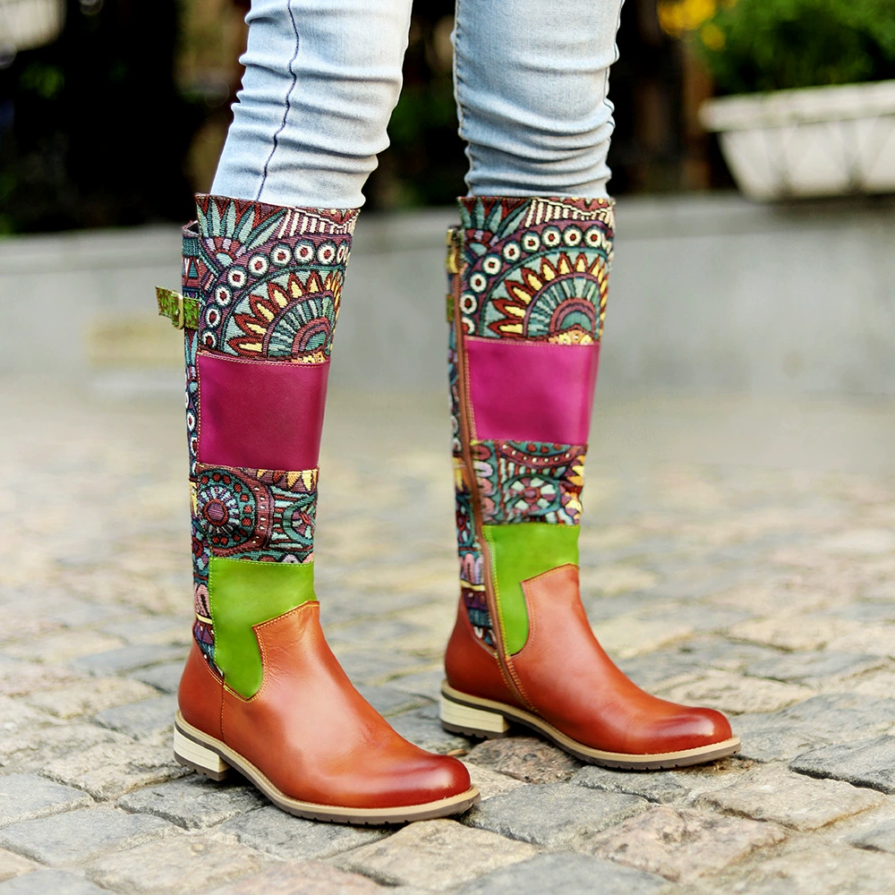 Внешняя торговля больших размеров, женские сапоги в стиле ретро, цветные женские сапоги с круглым носком и длинными трубками, теплые сапоги до колен