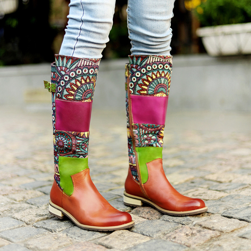 Foreign Trade Large Size Casual Retro Women's Boots Patchwork Contrasting Round Toe Long Women's Boots Knee-high Warm Boots