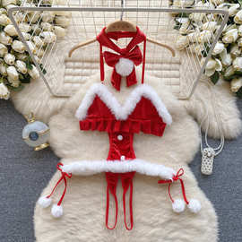 圣诞节过年红色情趣内衣女毛绒镂空诱惑性感制服设计纯欲吊带睡衣