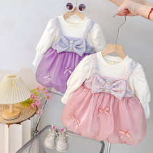 女童连衣裙秋装2025新款洋气儿童公主裙子宝宝蝴蝶结拼接网纱裙子