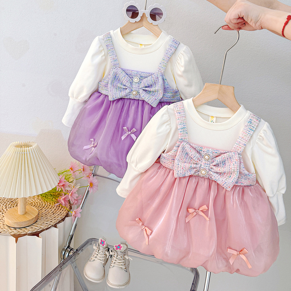 女童连衣裙秋装2025新款洋气儿童公主裙子宝宝蝴蝶结拼接网纱裙子