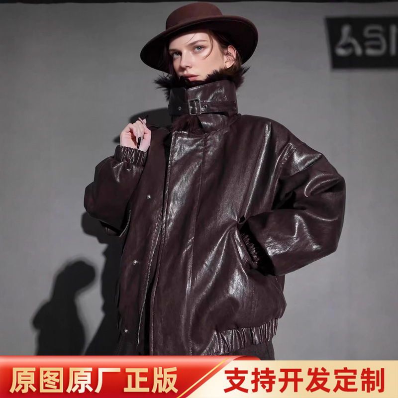 American Retro Lapel Stylish Raccoon Fur Collar Design Oil Wax Sheepskin Goose down Jacket Women's Thickened down Coat Winter American Retro Lapel Stylish Raccoon Fur Collar Design Oil Wax Sheepskin Goose down Jacket Women's Thickened down Coat Winter