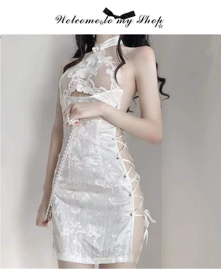 Sexy Cheongsam-Style Lingerie Set, Backless Slit Tie-Up Design, White Lace One-Piece with Thong — detail image 2