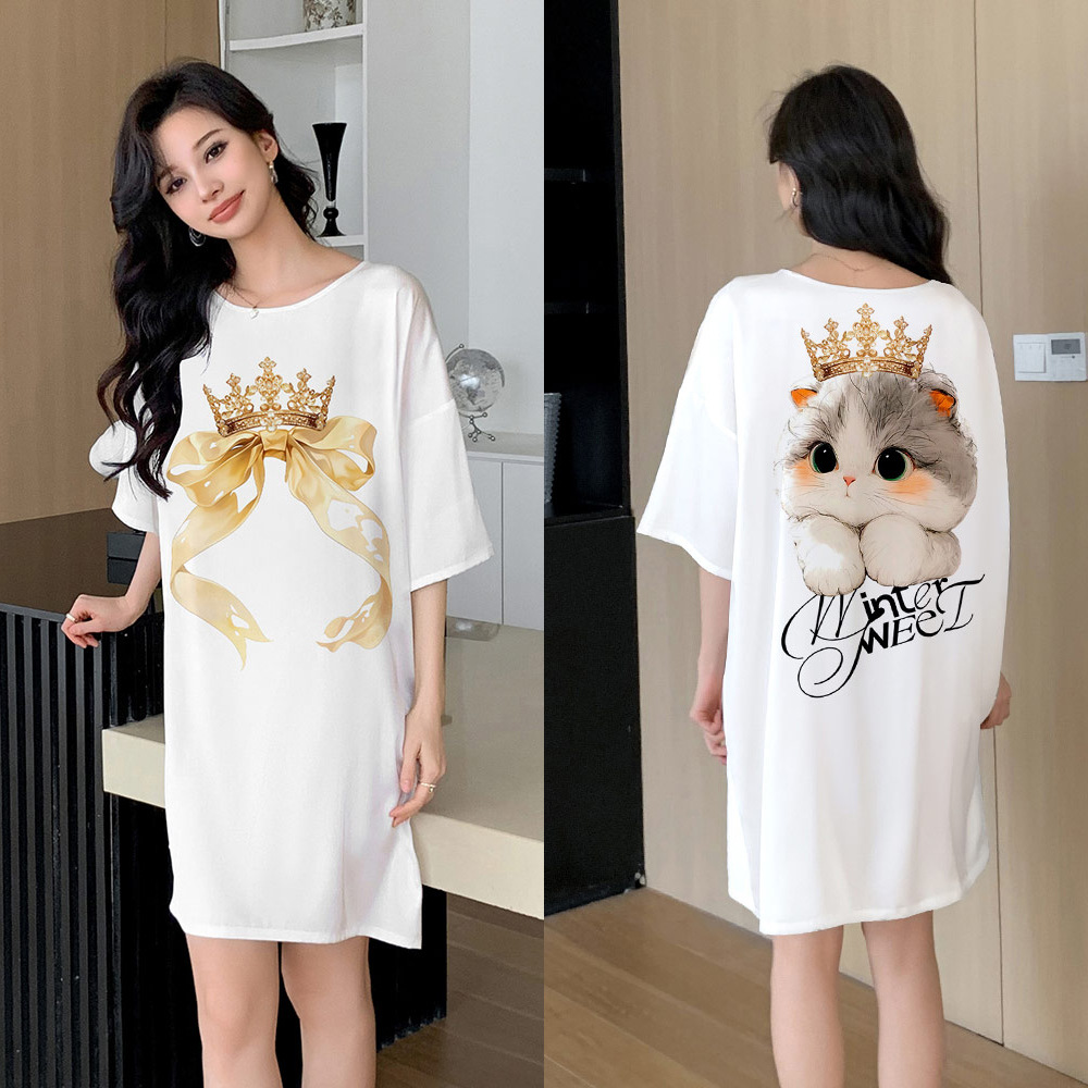 Yaoting pijama de mujer encantador viento impresión digital satén chiffón collar redondo pijama de manga corta SQ2273