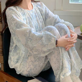 2023 秋季新款睡衣女纱布休闲宽松家居服套装棉纱