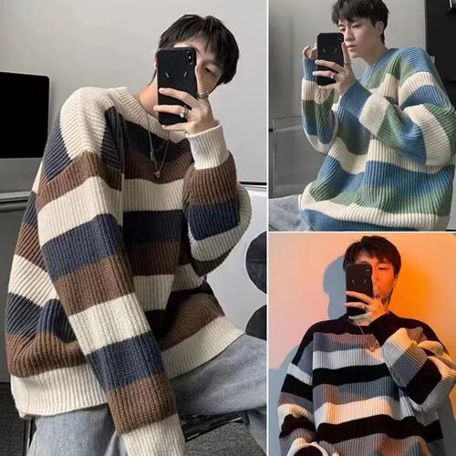 Japanese retro striped loose casual men's winter 2024 Hong Kong-style versatile minimalist round neck knit sweater
