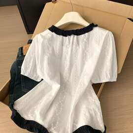 法式甜美复古风白色刺绣衬衫女夏季宽松撞色边娃娃衫系带上衣