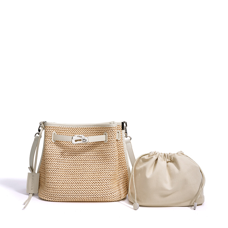 New Beach Vacation Straw Woven Bag Fashion Niche Shoulder Crossbody Bucket Bag Women's Ins Style Cowhide Handbag - Thumbnail 4