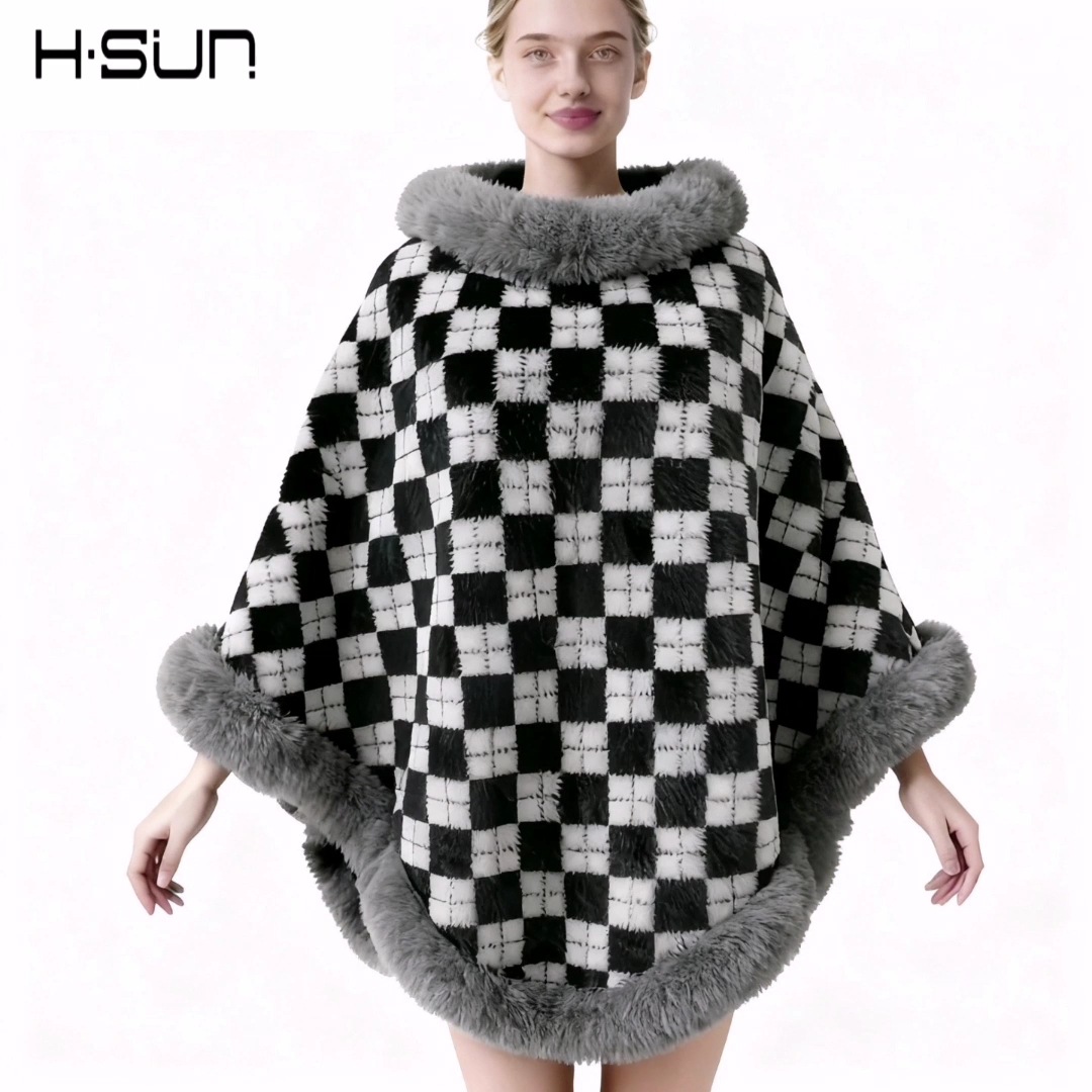 2024 otoño e invierno cuello de piel irregular a cuadros capa de contraste capa chal de mujer más capa de lana capa de terciopelo