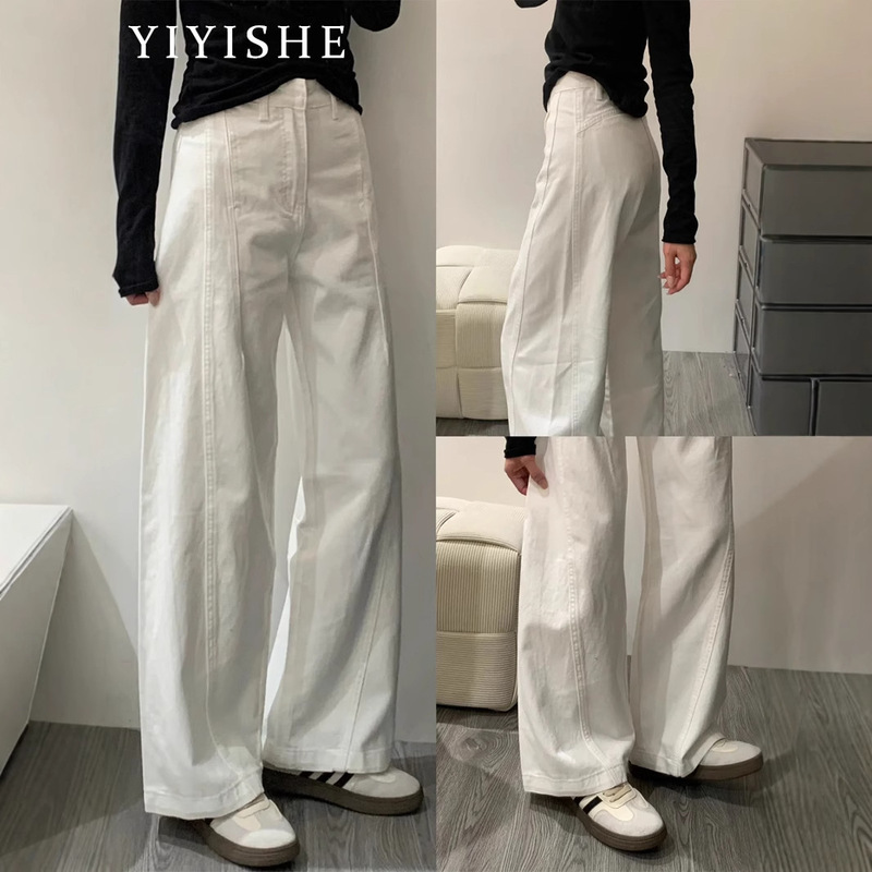 白色弯刀阔腿牛仔裤女2025夏季新款美式高腰显瘦休闲镰刀直筒裤子|undefined