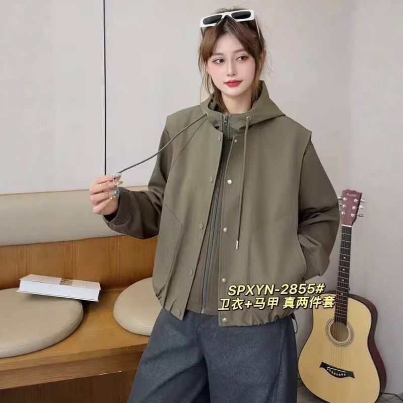 European-style hooded long-sleeve sweatshirt + vest two-piece set for women, 2026 spring and autumn new loose-fitting versatile casual outfit, trendy European-style hooded long-sleeve sweatshirt + vest two-piece set for women, 2026 spring and autumn new loose-fitting versatile casual outfit, trendy