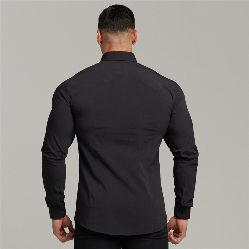 Músculo de los hombres de moda de deportes casual Camisa de manga larga de solapa micro elástico Delgado fitness cardigan negocio no planchar camisa