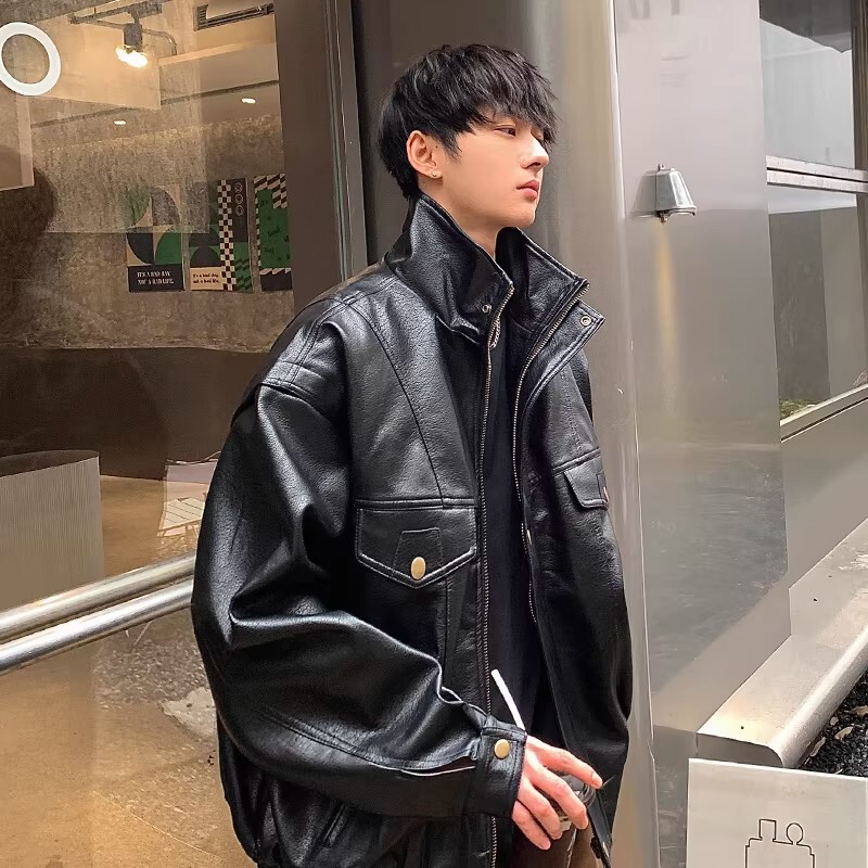 Stand-Collar Harley Leather Jacket for Men, Autumn and Winter Trendy Brand, Stylish and High-End Biker Pu Leather Jacket, Trendy and Handsome American Retro Style