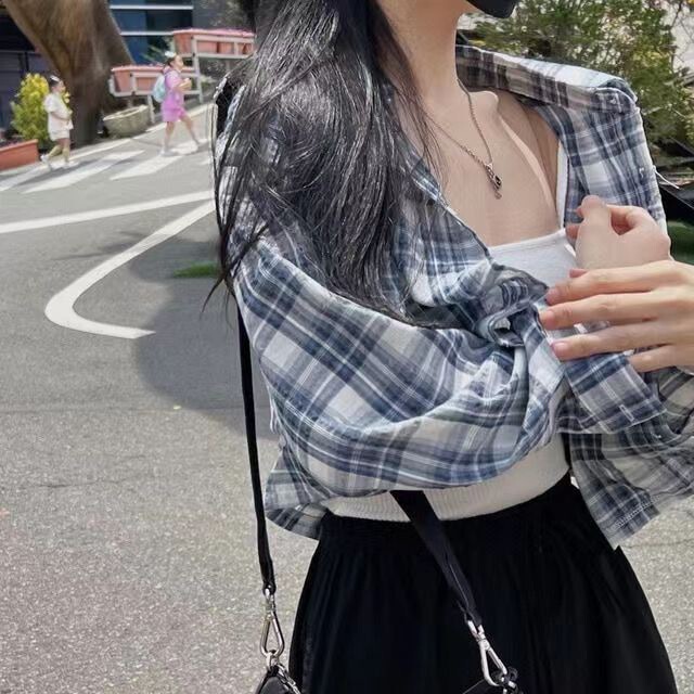 跨境秋季新款韩国chic复古格子翻领短款衬衫休闲女式防晒衣上衣|undefined