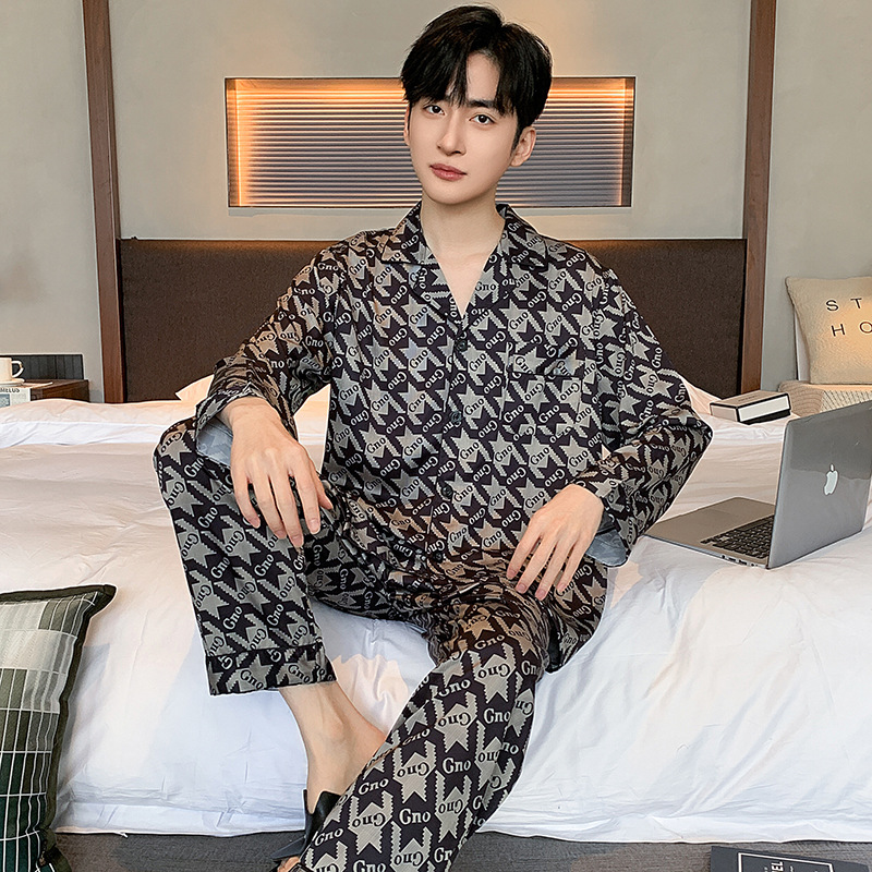 (2개) 봄, 가을 남성용 잠옷, 아이스 실크 긴팔 바지, 남성용 가을 가디건, 심플한 캐주얼 라펠 홈웨어 슈트