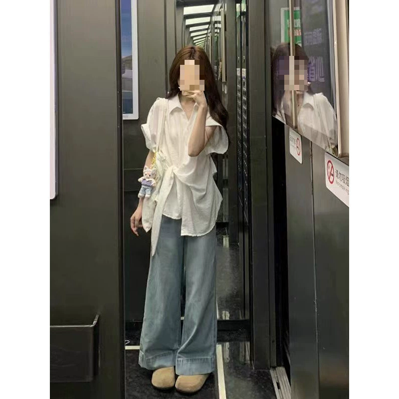 YS8 белая рубашка с короткими рукавами, топ 2025, летняя новая стильная рубашка, асимметричная французская высококачественная рубашка с талией