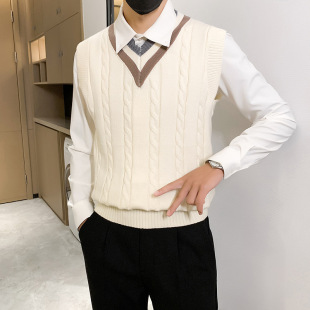 Knitted Vest Men's Spring and Autum Korean Style Preppy Style White V-Neck Sweater Vest Twist Sleeveless Sweater Vest