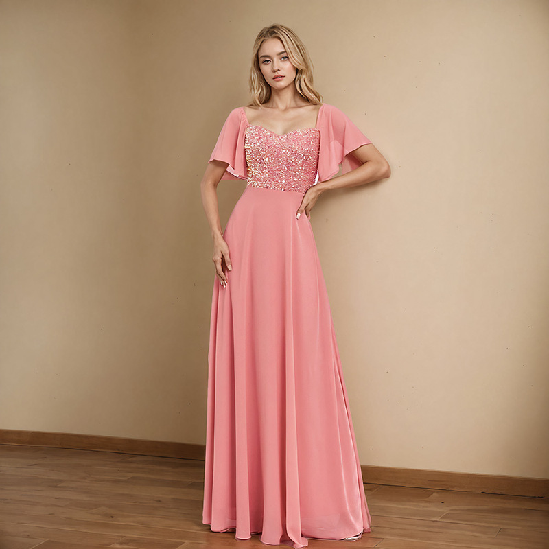 2026 New Square-Neck Short-Sleeved Backless Pink Evening Dress A-Line Sequin Splicing Chiffon Valentine's Day Party Long Dress