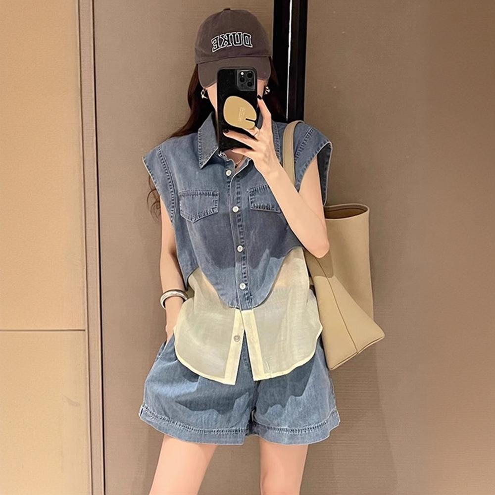 캐주얼 스포츠 세트 여성 여름 프라이드 스트리트 시대 감소 서양식 작은 데님 바느질 민소매 조끼 반바지 투피스 세트