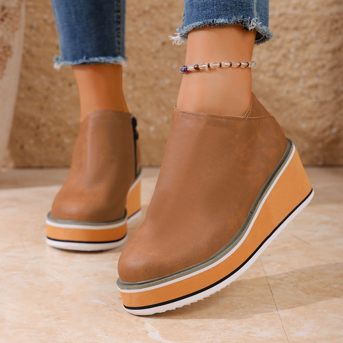 Winter retro wedge ankle boots, women's new large size platform side zipper fashion boots