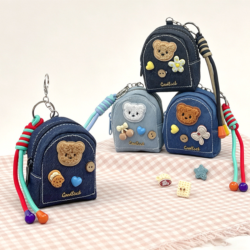 Denim fabric coin purse, exquisite mini backpack, cute bear cartoon earphone storage bag, keychain pendant Denim fabric coin purse, exquisite mini backpack, cute bear cartoon earphone storage bag, keychain pendant