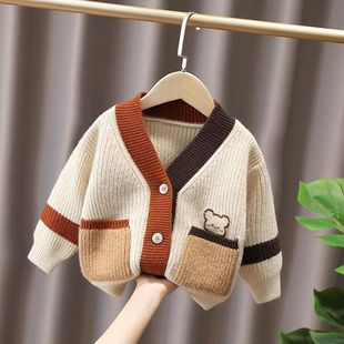 Children's Korean-style Cartoon Pocket Knitted Cardigan for Boys and Girls 2022 Autumn and Winter Baby Thickened Sweater Children's Coat