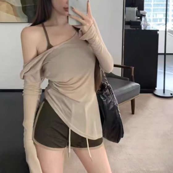 Irregular Skinny Sunscreen Top Slim-fit All-match T-shirt Summer High Waist Elegant Shoulder-fitting Knit Sweater for Women