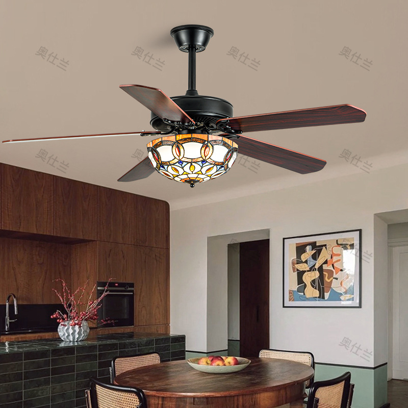 New Tiffany Retro Fan Lamp Restaurant Home Medieval Living Room Ceiling Fan Lamp Chandelier Bedroom Retro Electric Fan