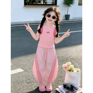 女童夏套装森系巨好看2026新款女宝韩范洋气米色碎花背心白色裤子