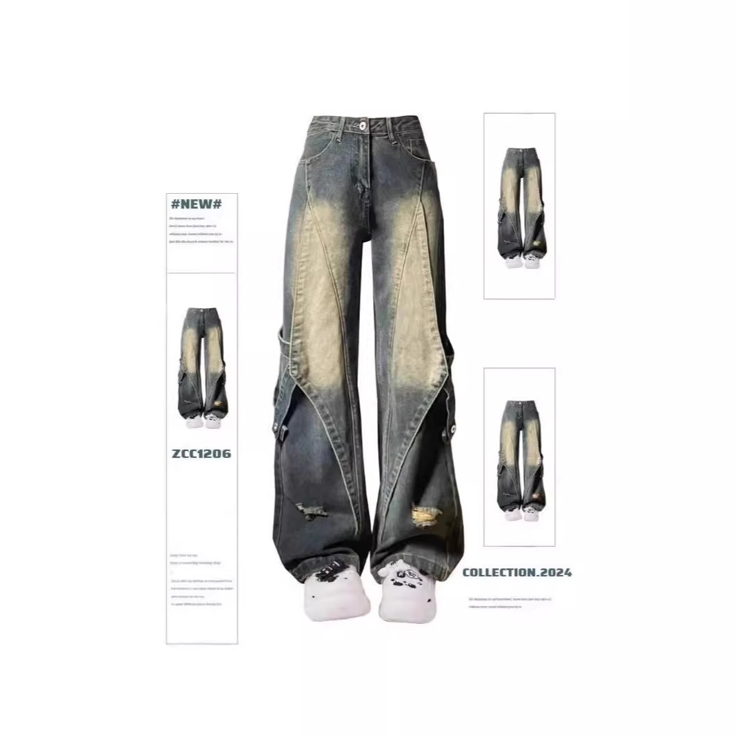 Vintage Antique Washed Wide-leg Jeans Women's Spring New Design High Waist Loose Slimming Straight Pants