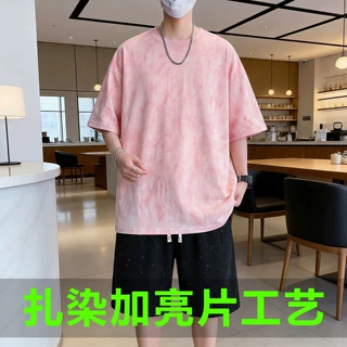 高端潮牌大码男士加肥加大扎染满天星百搭圆领T恤短裤套装2611