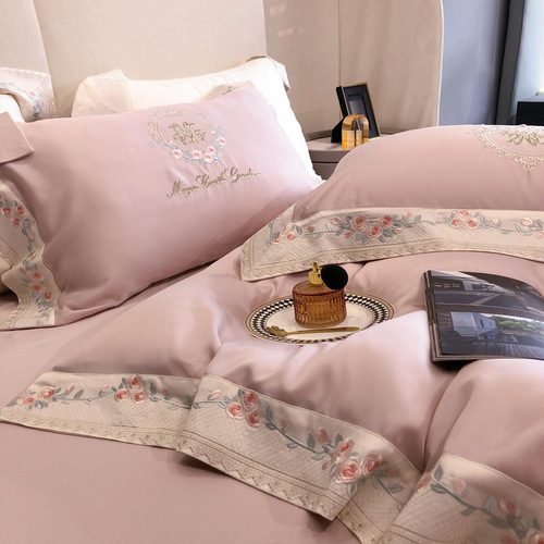 Light luxury embroidery 140 count Australian cotton pure cotton embroidery four-piece set of cotton pastoral silky naked sleeping long-staple cotton sheets