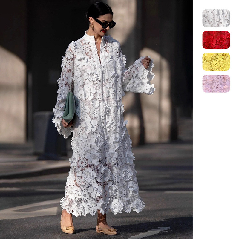 Independent Station Amazon European and American Clothing Cut Out Stereo Flower Pure Color Round Neck Long-Sleeved Dress Loose and Fashionable 8175 Independent Station Amazon European and American Clothing Cut Out Stereo Flower Pure Color Round Neck Long-Sleeved Dress Loose and Fashionable 8175