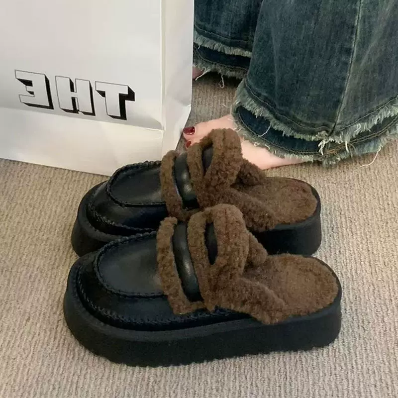 一脚蹬加绒保暖棉拖包头毛毛半拖鞋2024新款秋冬厚底增高勃肯鞋女