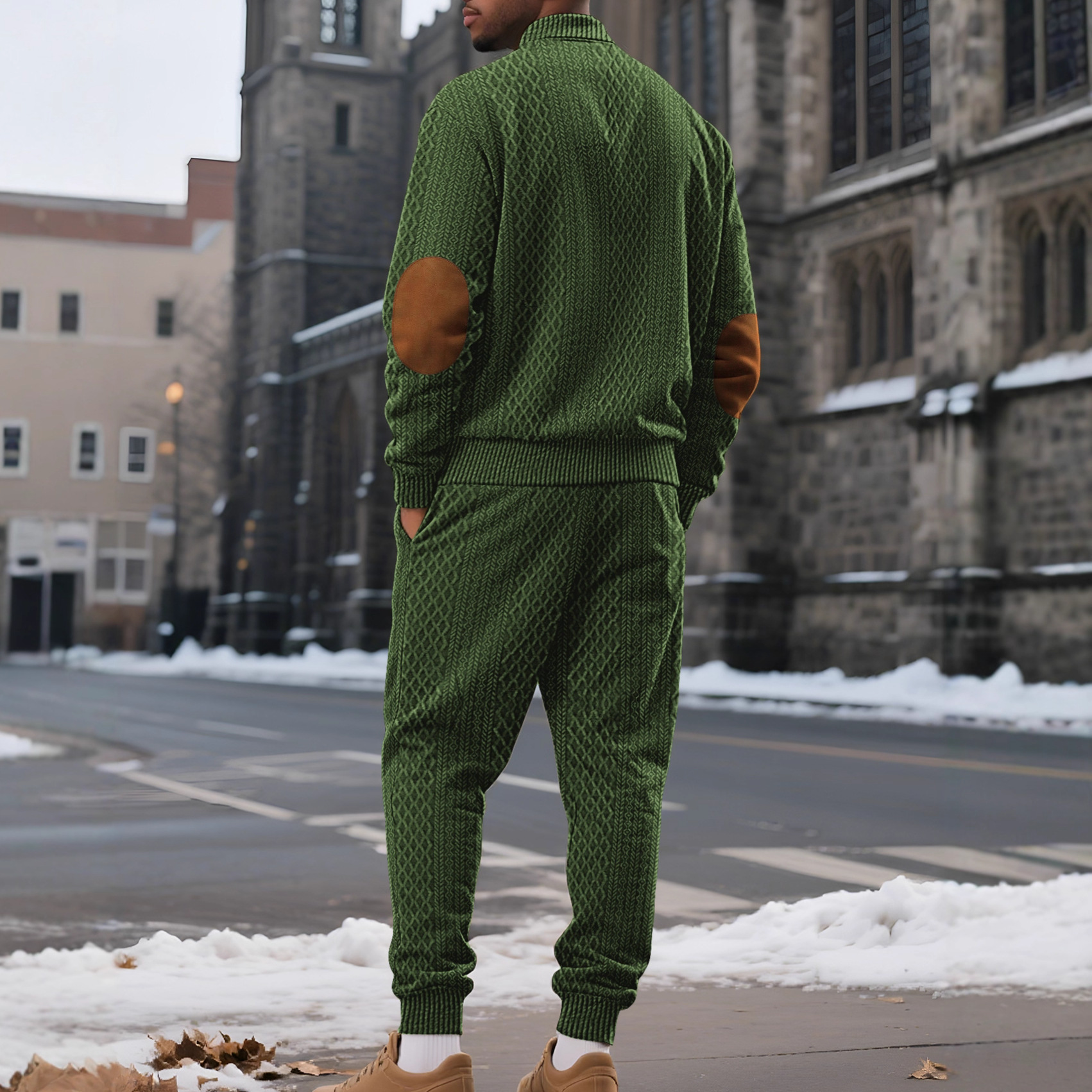 Transfronterizo Europa y América Amazon hombre cuello alto Jacquard casual bordado sweaters deportivos de color sólido manga larga pantalones largos set