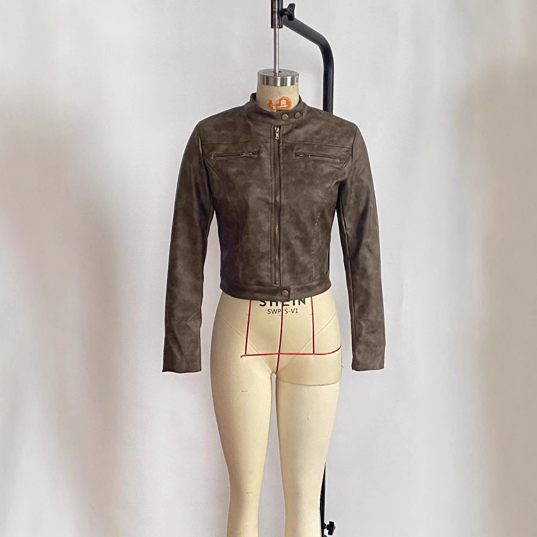 2346-25 Spring American Style Vintage Motorcycle Jacket Suede Leather Women's Short Slim Fit Long Sleeve Jacket Coat